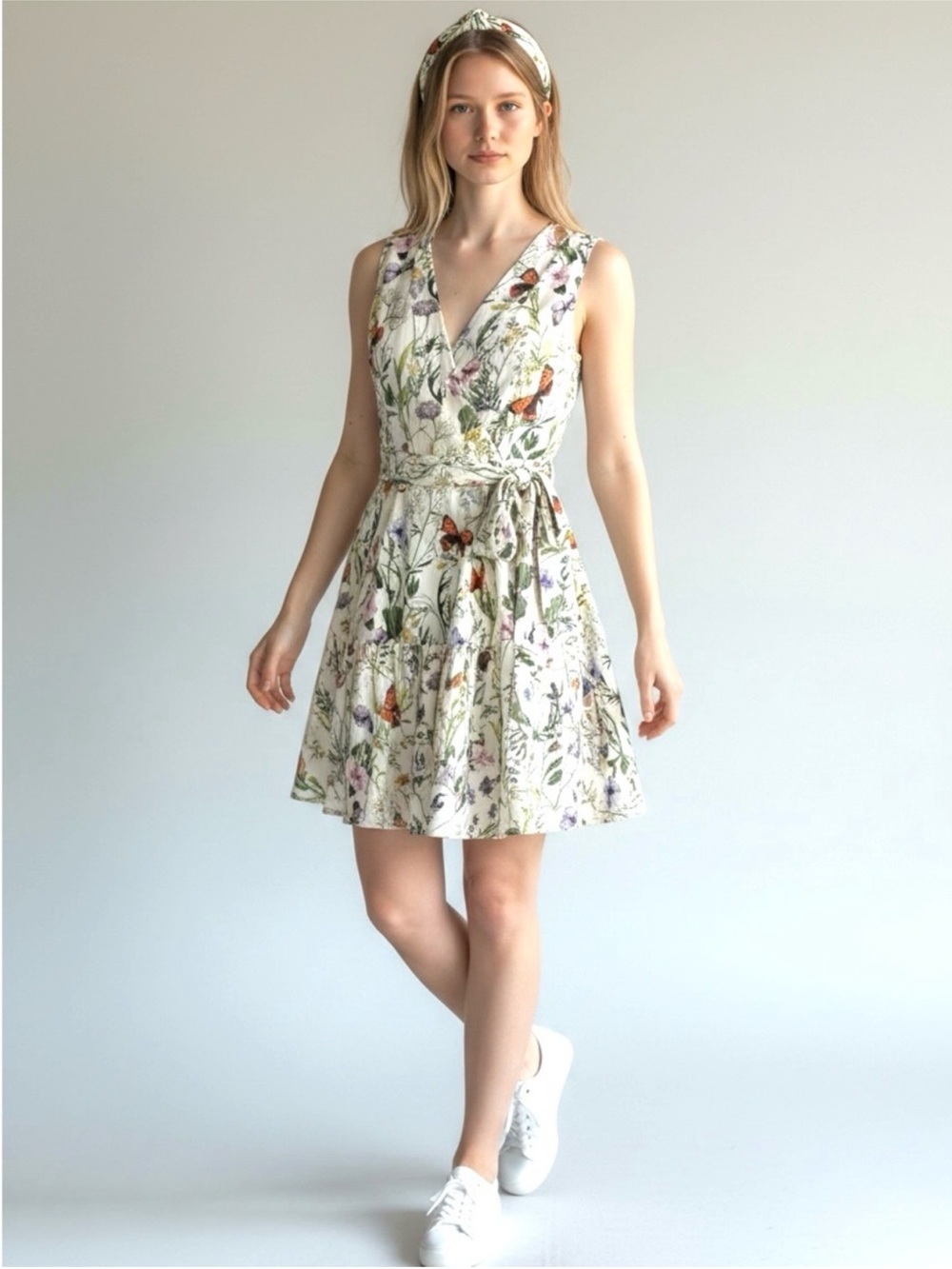 Christian Lacroix Mini Wrap Dress Butterfly Garden Floral Linen Colorful Small